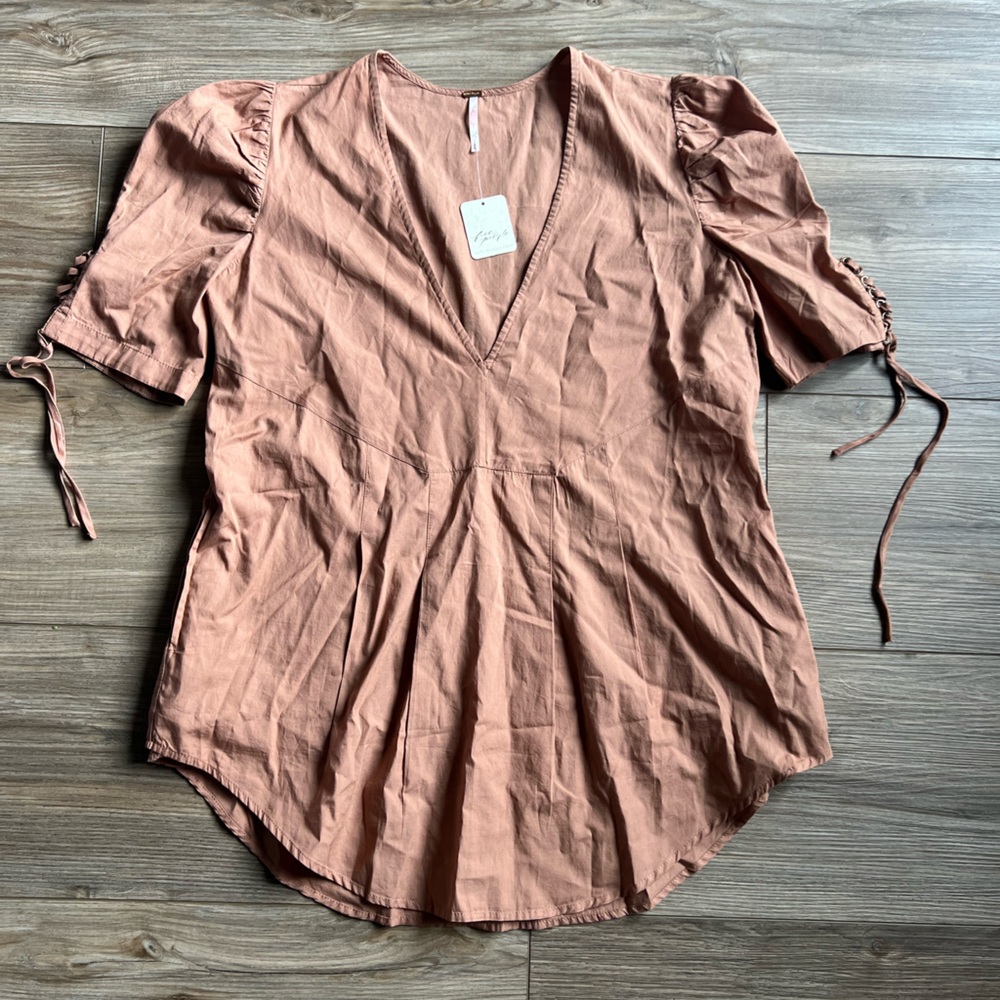 NWT Free People V Neck Short Sleeve Blouse with Tie Cuffs Size S